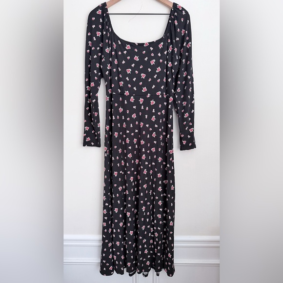 Boden Sweetheart Jersey Midi Dress Black Rose Pop Floral long sleeve Size 12 - Picture 5 of 9